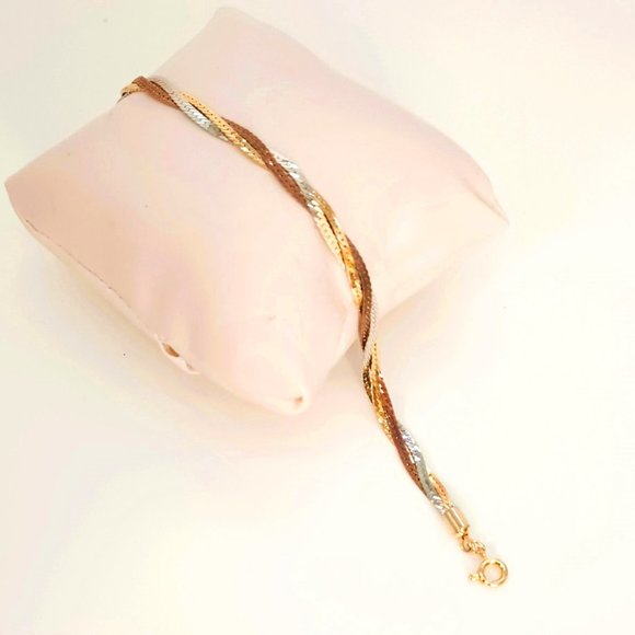 Triple Strand Tri-Tone Bracelet 8" Twisted Serpentine Infinity Bracelet - Picture 6 of 6